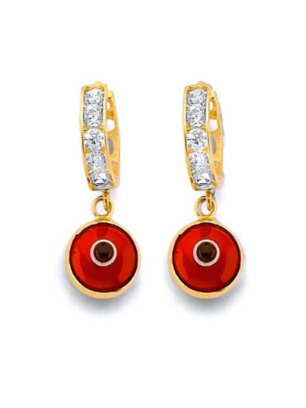New 14K Yellow gold CZ Red Evil Eye Huggies Earrings